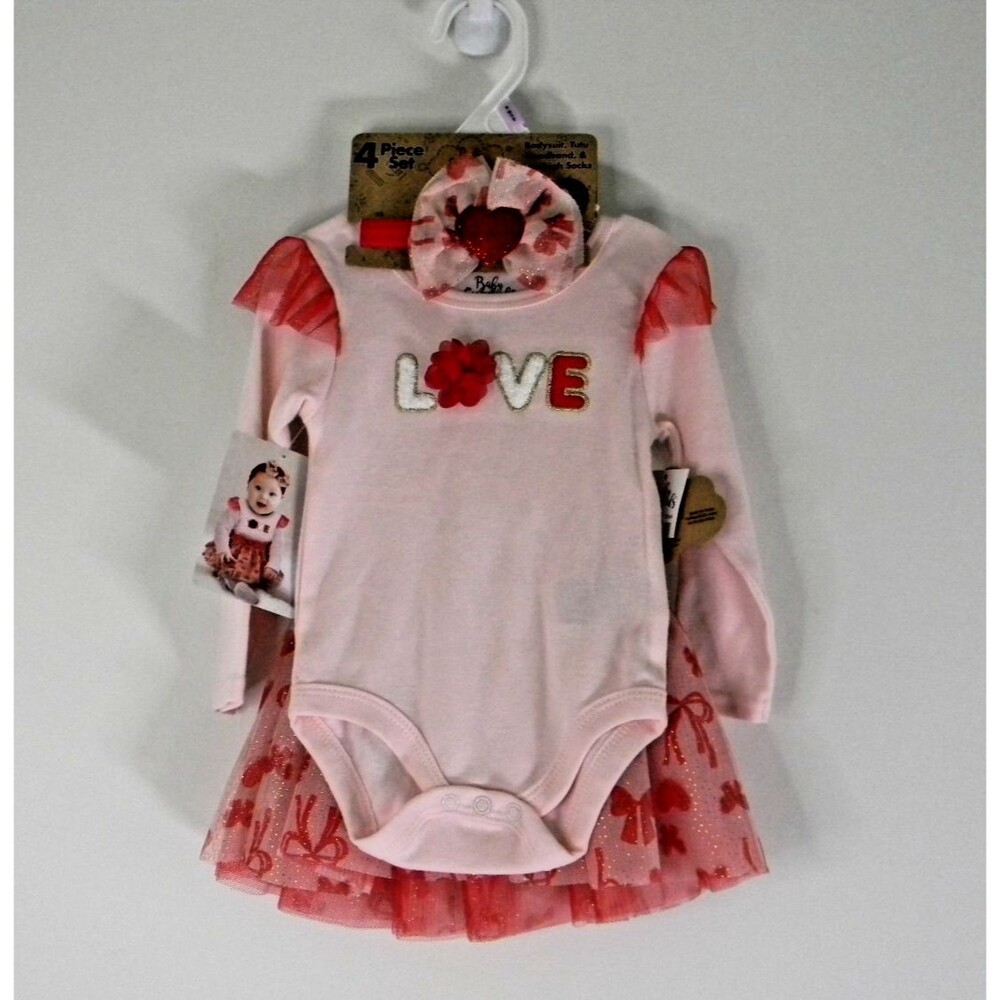 Baby Essentials 4 piece Set Bodysuit Tutu Headband Socks Valentine Love NWT